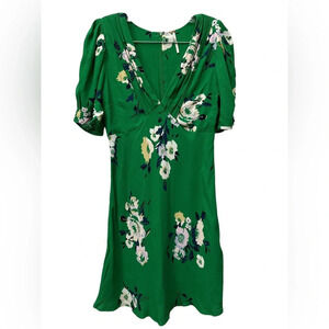 Free People Neon Garden Floral Mini Dress V-Neck Short Sleeve A-Line Sz 4 Green